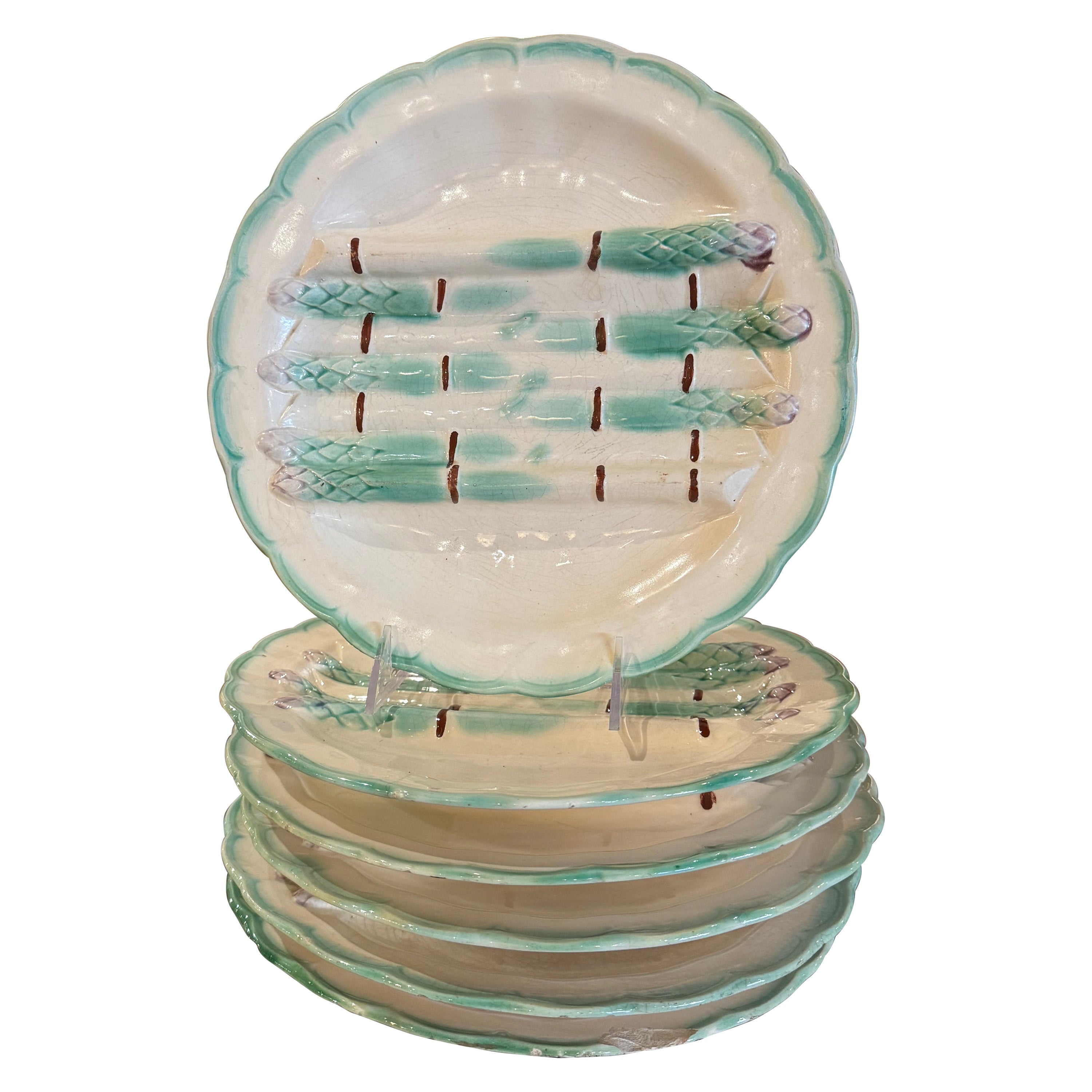 Assiettes à asperges Barbotine peintes françaises du début du 20ème siècle, lot de 6