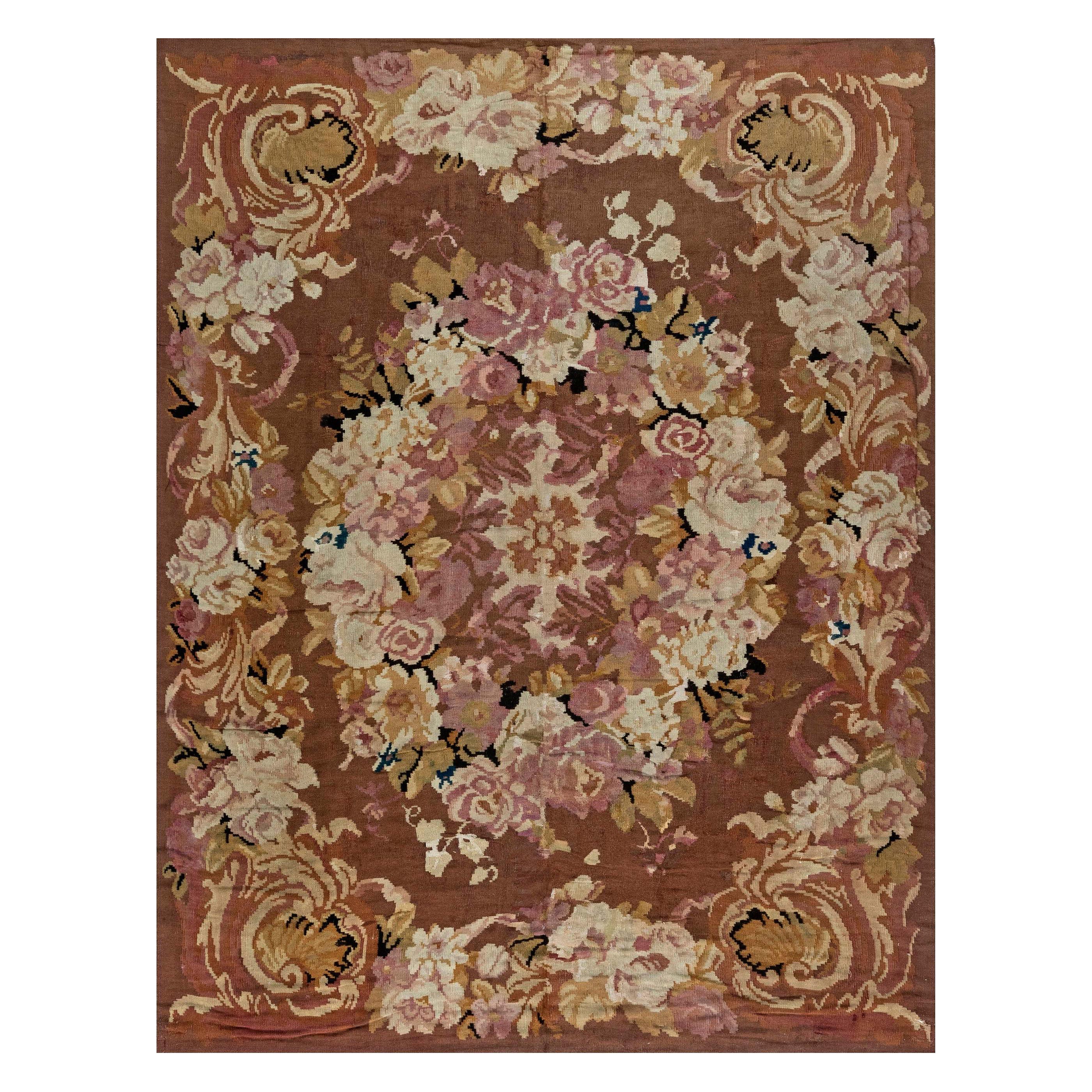 1900s Französisch Aubusson Floral Handmade Wolle Teppich im Angebot