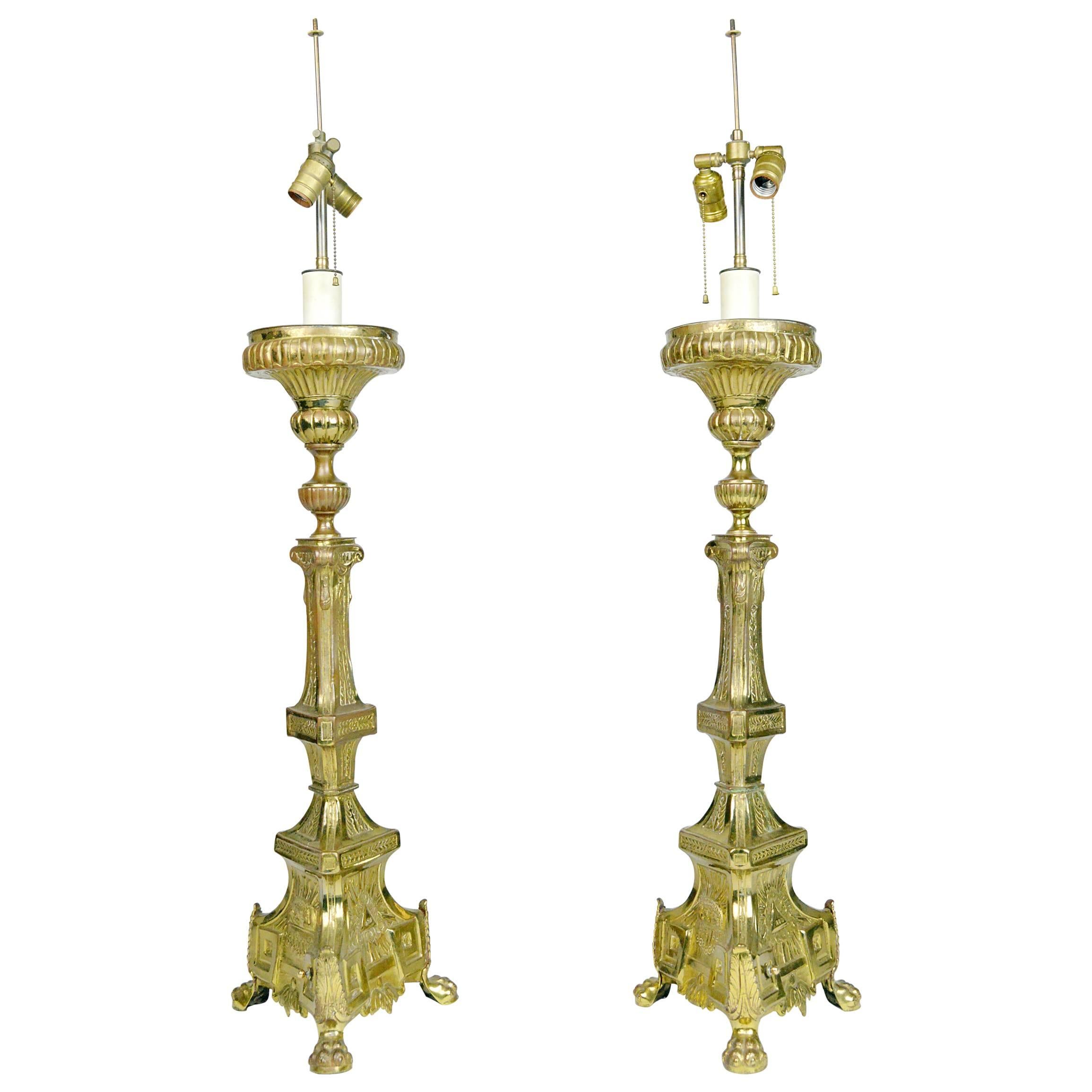 Pair of Monumental Renaissance Style Brass Candlestick Table Lamps For Sale