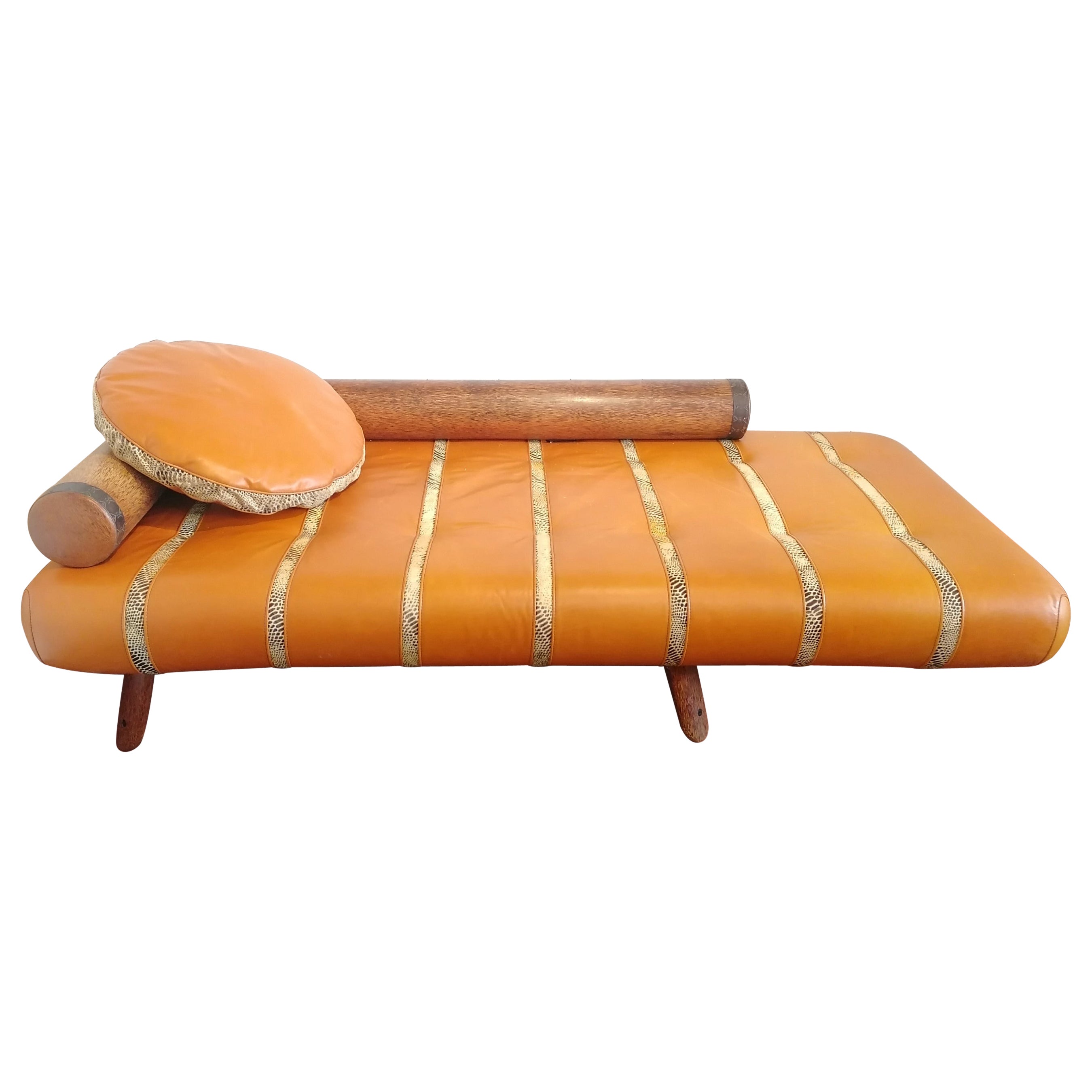 Rare vintage postmodern leather & palmwood daybed by Pacific Green, c1990s For Sale