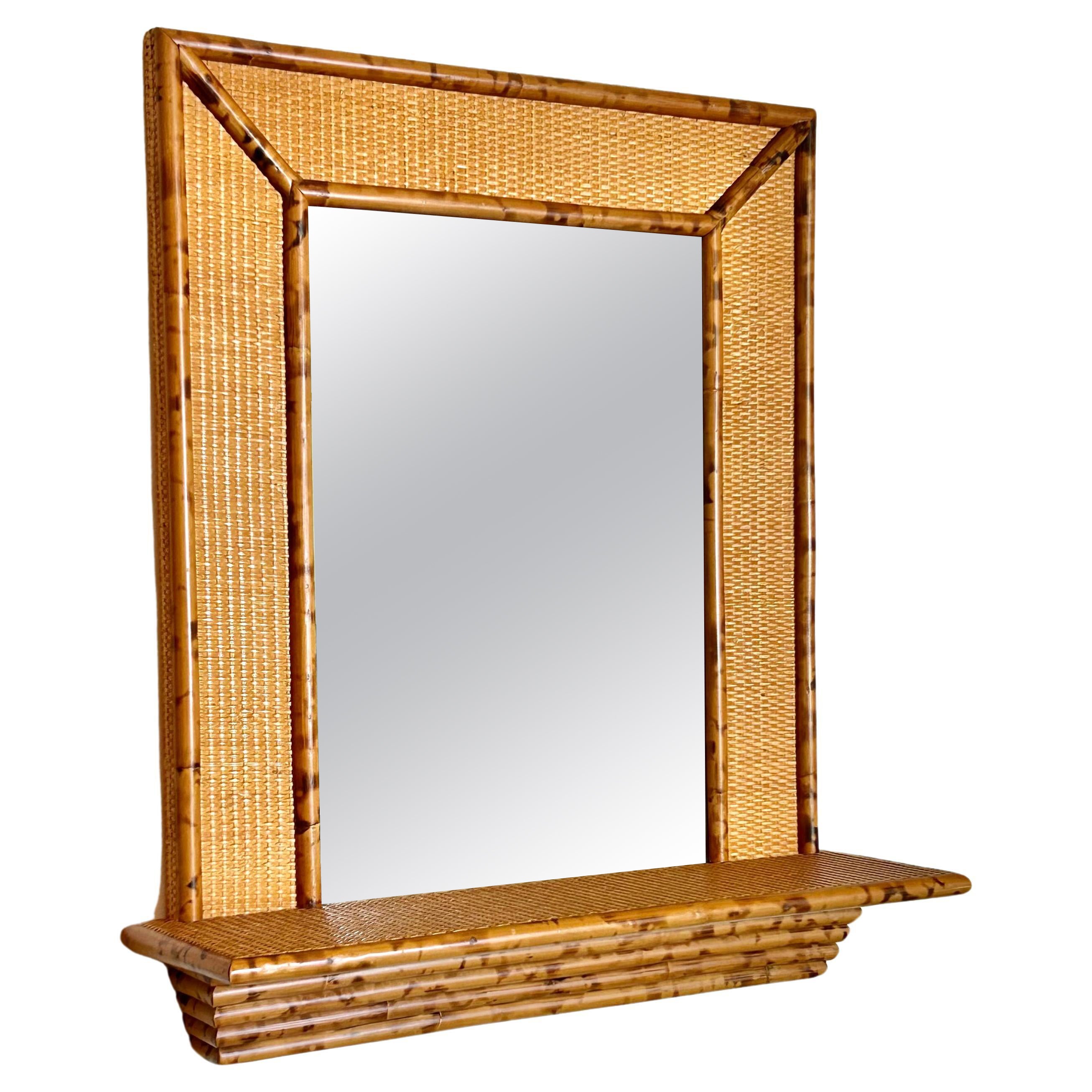 1970s Bamboo and Rattan Wall Mirror with Console For Sale