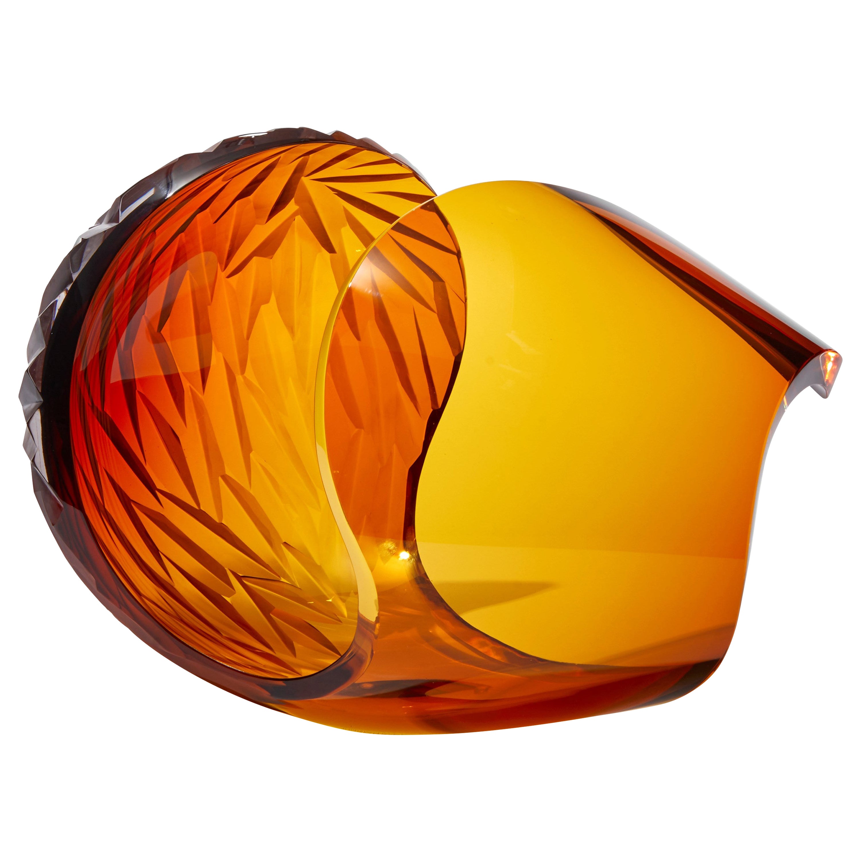 Planet in Magma, rich amber abstract handblown & cut sculpture by Lena Bergström For Sale
