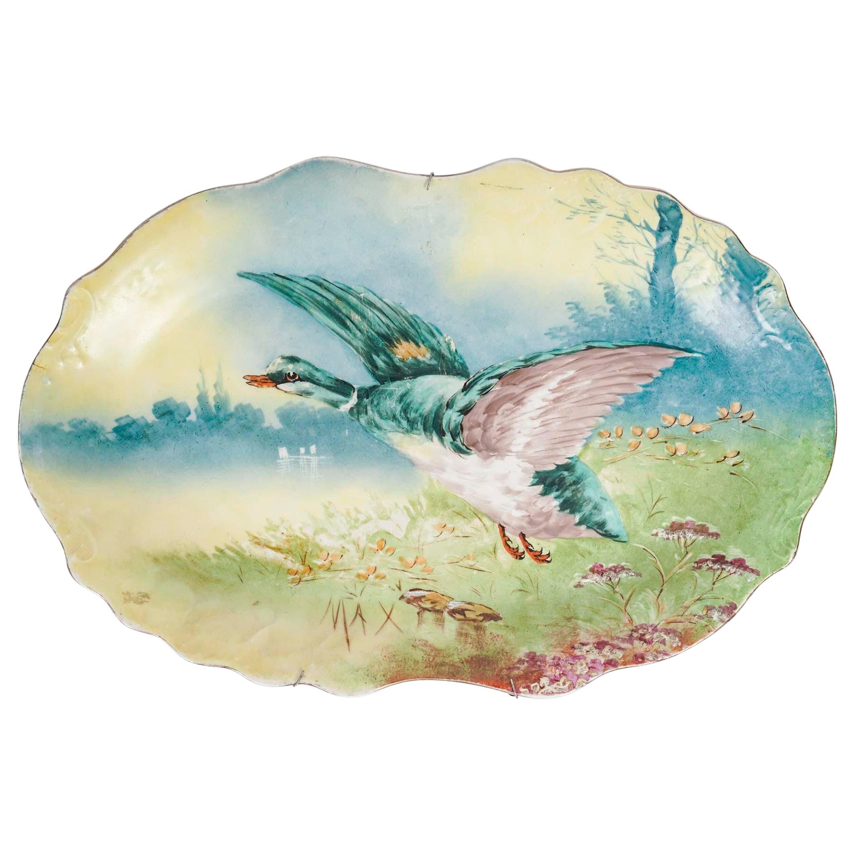 Large Decorative Porcelain Dish, Hand-Painted, 19th Century, Napoleon III Period For Sale