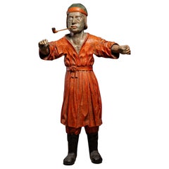 19th C Tobacco Shop Publicity Statue smoking a pipe - polychromed wood.