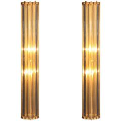 Pair of Large Italian Mid-Century Modern Murano Glass Rod and Brass Sconces