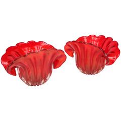 Pair of Italian Red Murano Glass Shell Vases
