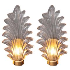 Pair of Large Murano Glass and Brass Leaf Sconces in the Style of Barovier Toso 3