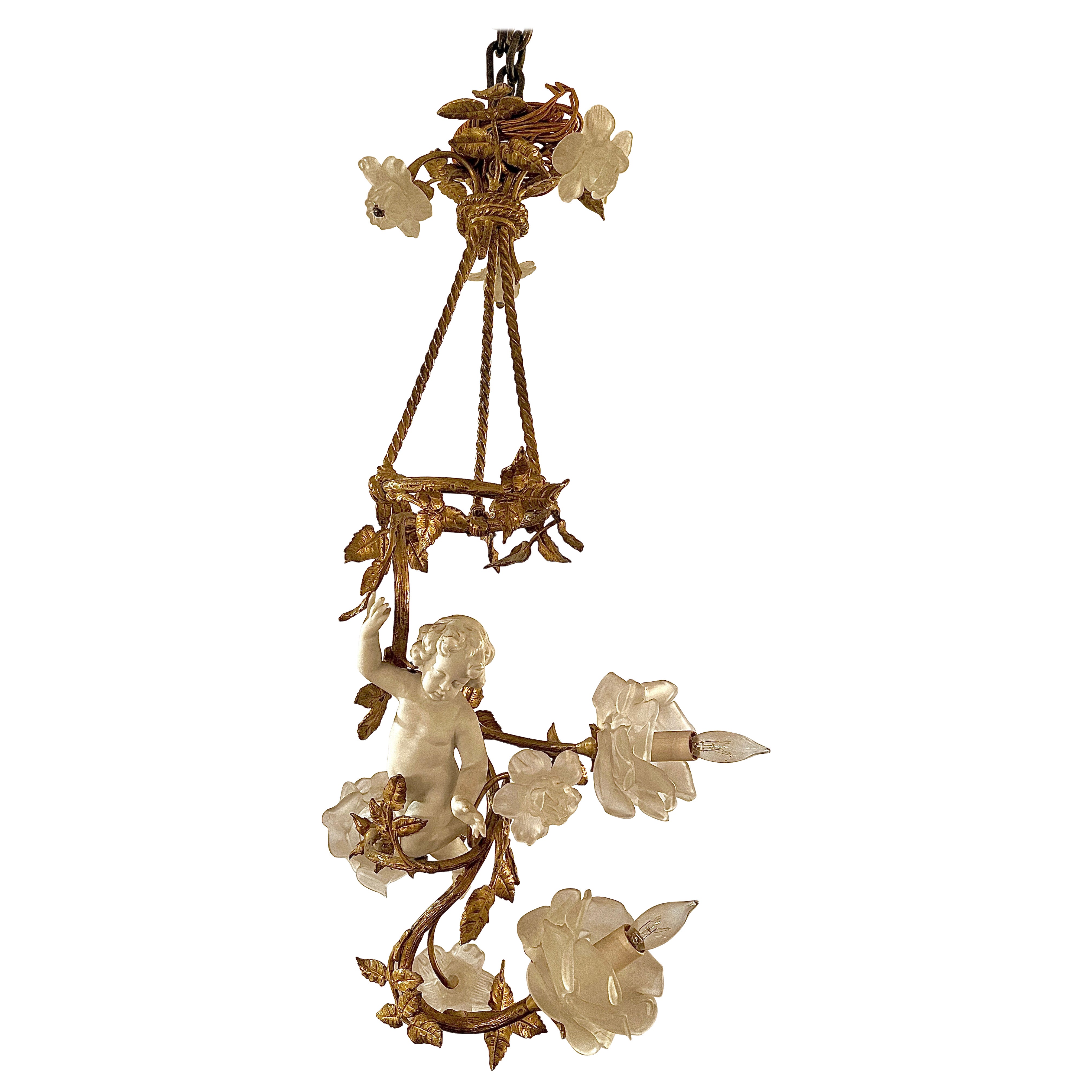 Antique French Gold Bronze and Bisque Porcelain Cherub Chandelier, Circa 1895. For Sale