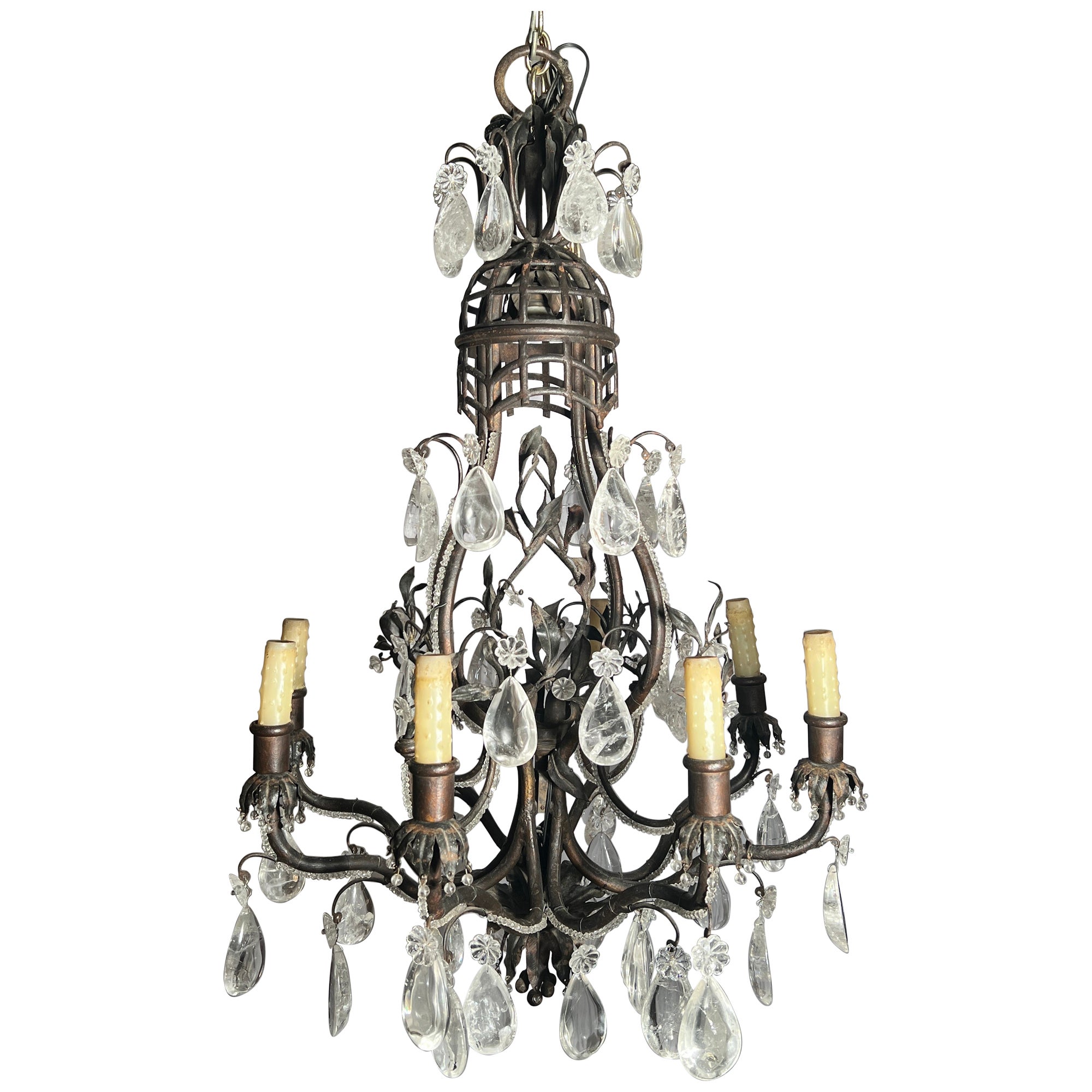 Antique 19th Century French Wrought Iron Chandelier with Rock Crystal Prisms. For Sale