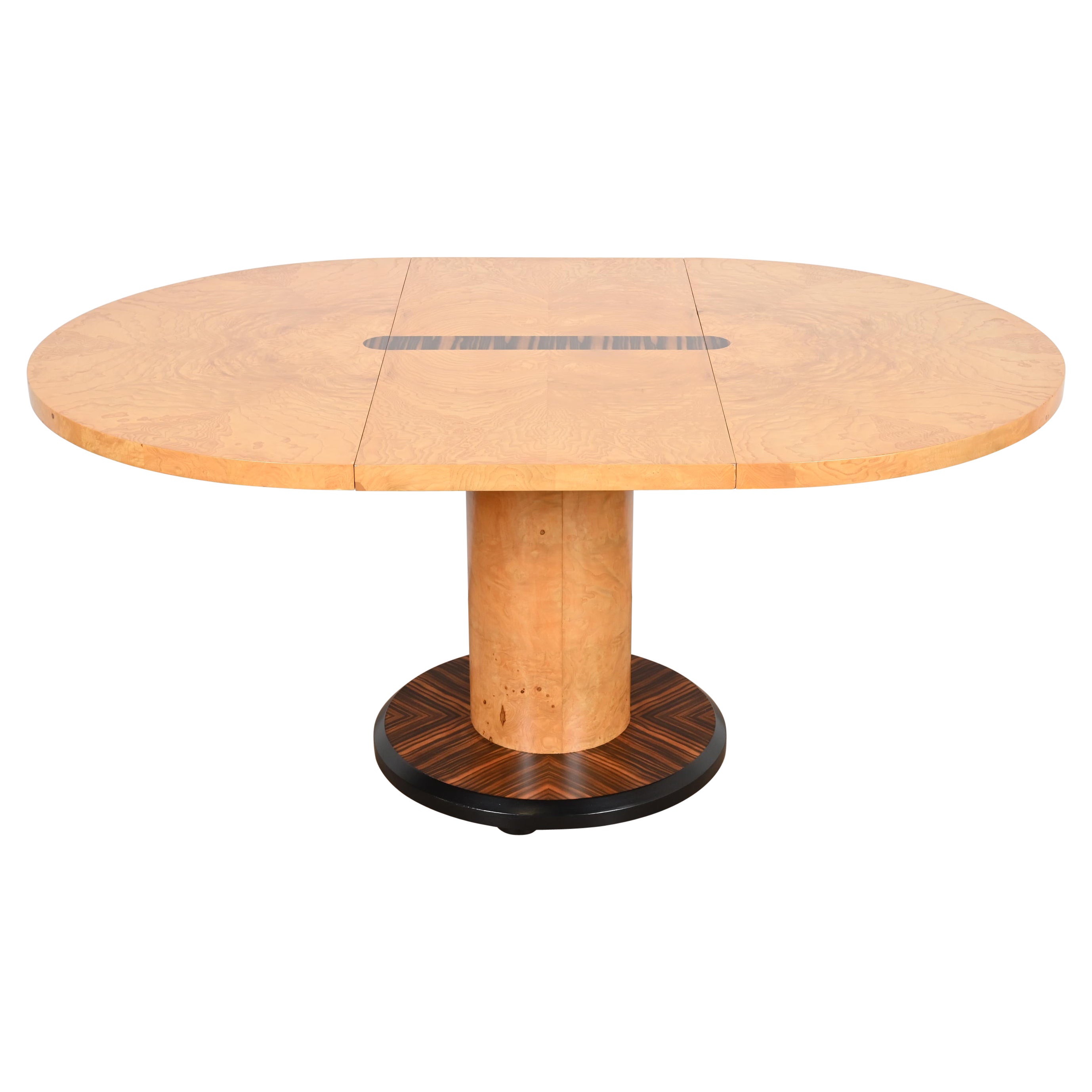 Mesa de comedor moderna de mediados de siglo estilo Milo Baughman de madera de burl y macassar