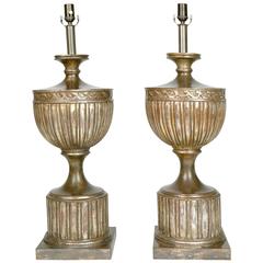 Pair of Large Neoclassical Style Silver Leaf Carved Wood Table Lamps