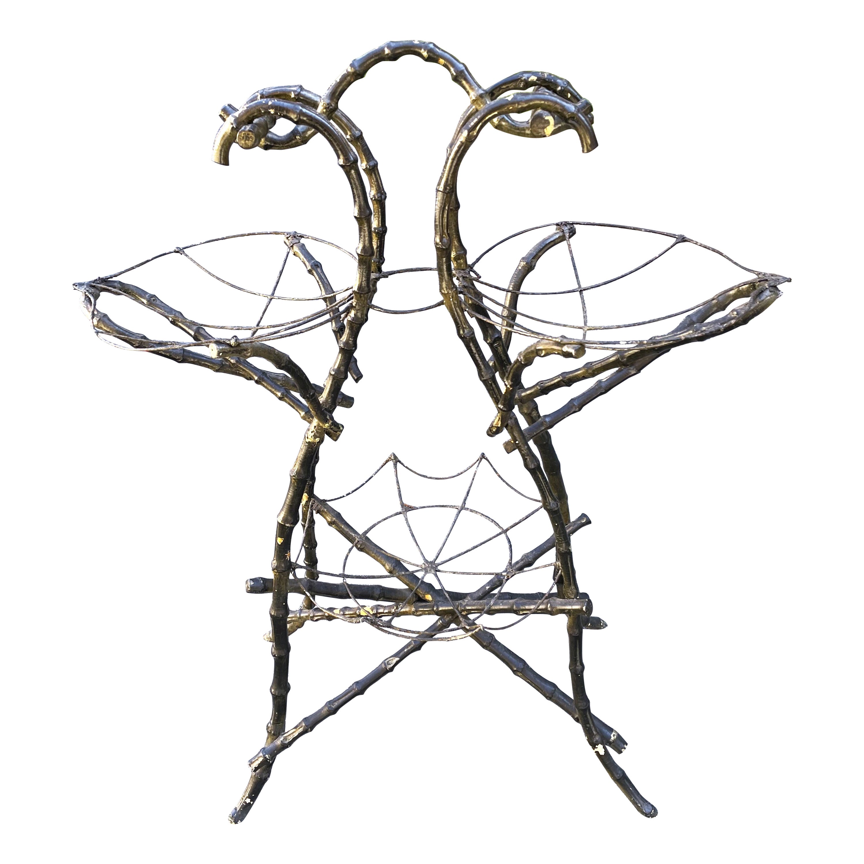 Shaped Bamboo Tiered Plant Stand w/ Wire Spider Web Holders Painted Black For Sale
