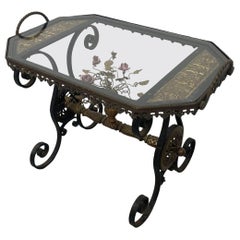 Retro Wrought Iron Side Table With Ornate Detailing and Glass Top.