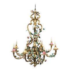 Antique Late 19th Century Gilt Bronze and French Porcelain Chandelier