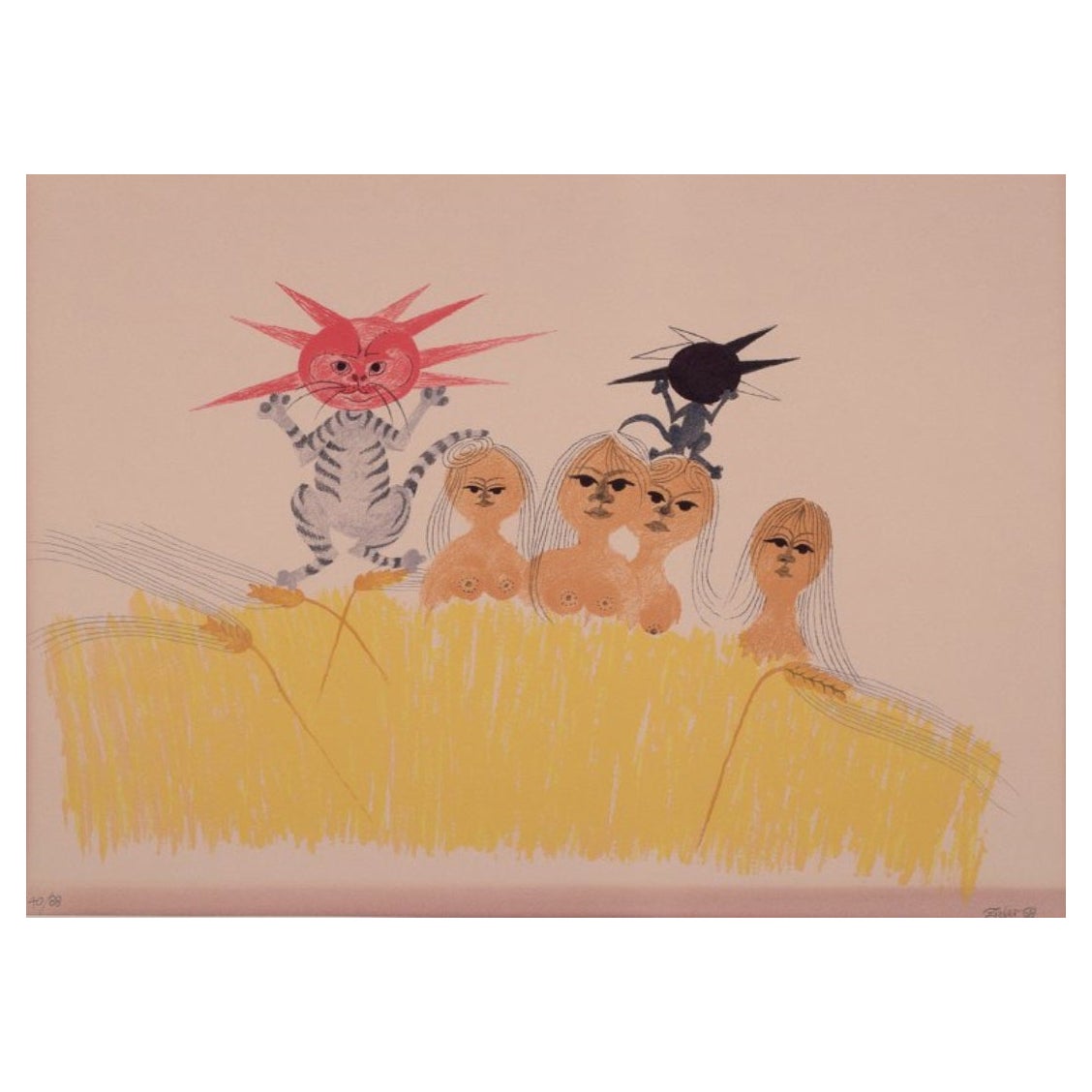 Mogens Zieler, Danish artist. Color lithograph. Dancing cat and women in a field