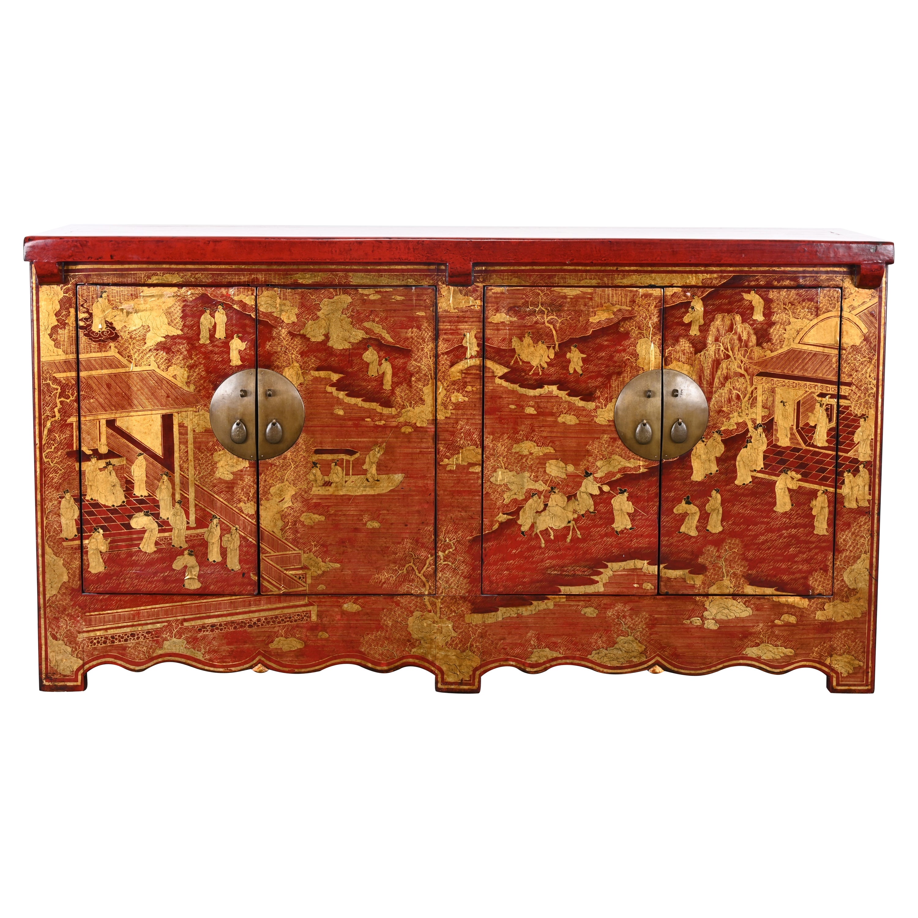 Chinese Red Lacquer Qing Style Cabinet or Credenza, 20th Century For Sale