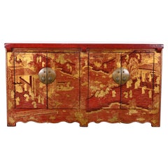 Chinese Red Lacquer Quing Style Cabinet or Credenza, 20th Century