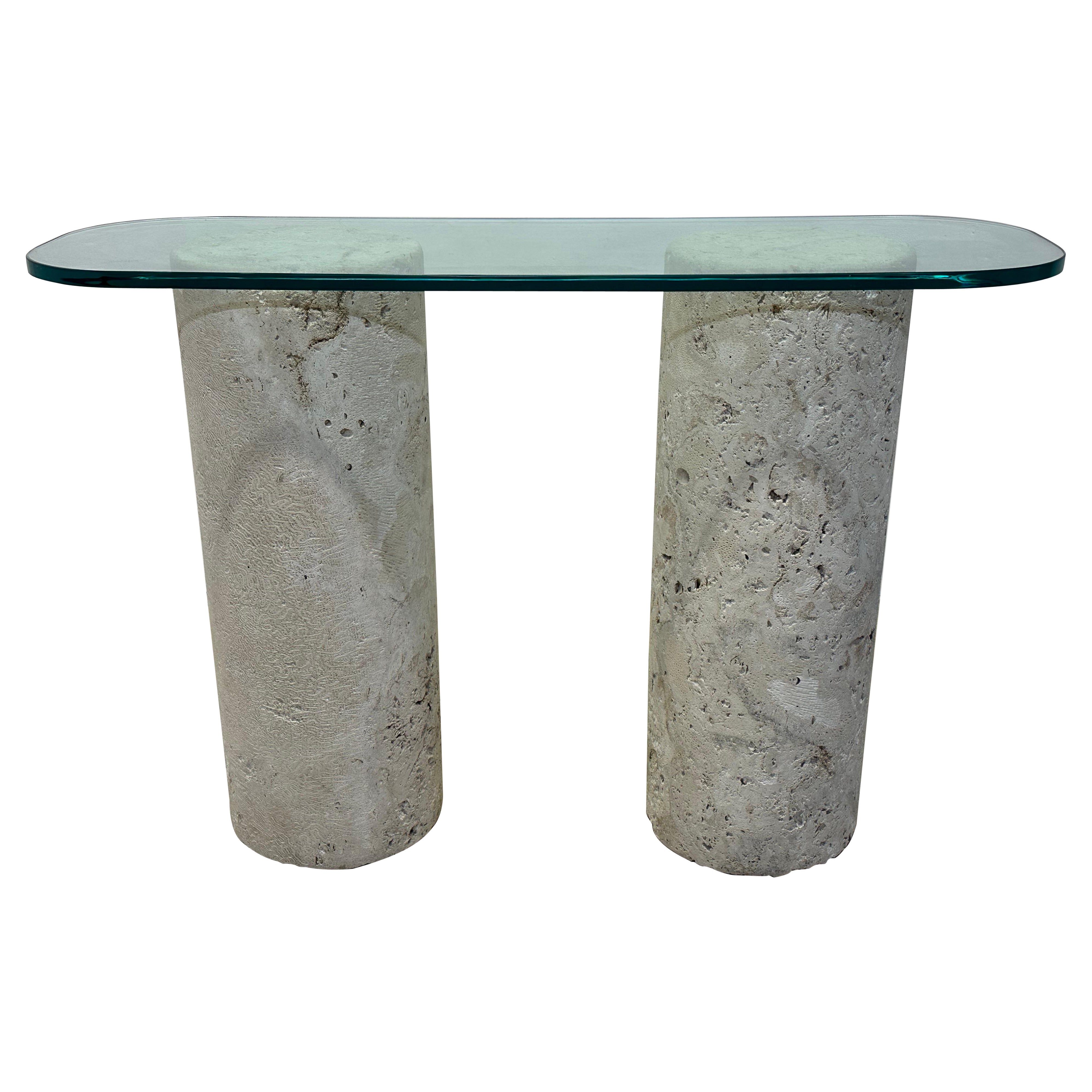 Mid-Century Natural Coquina Coral Stone and Glass Top Console Table