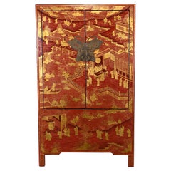 Used Chinese Red Lacquer Qing Style Cabinet, 20th Century