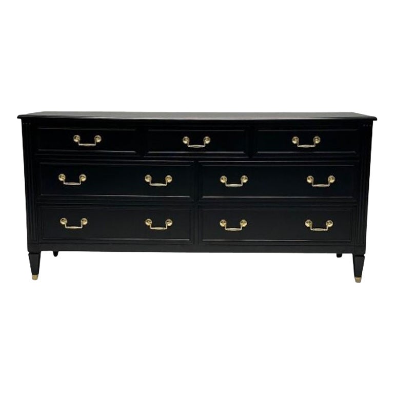 Kindel, style Hollywood Regency, commode, noir mat, laiton, États-Unis, années 1970 en vente