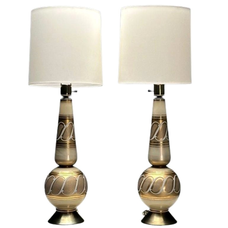 Italian Mid-Century Modern, Large Table Lamps, Gold Glass, Brass, Italy, 1960s For Sale