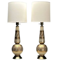 Retro Italian Mid-Century Modern, Large Table Lamps, Gold Glass, Brass, Italy, 1960s