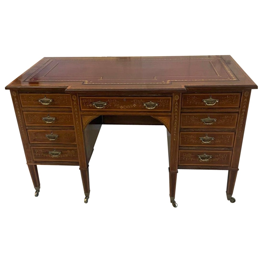 Quality Antique Victorian Mahogany Inlaid Kneehole Desk by Edwards and Roberts