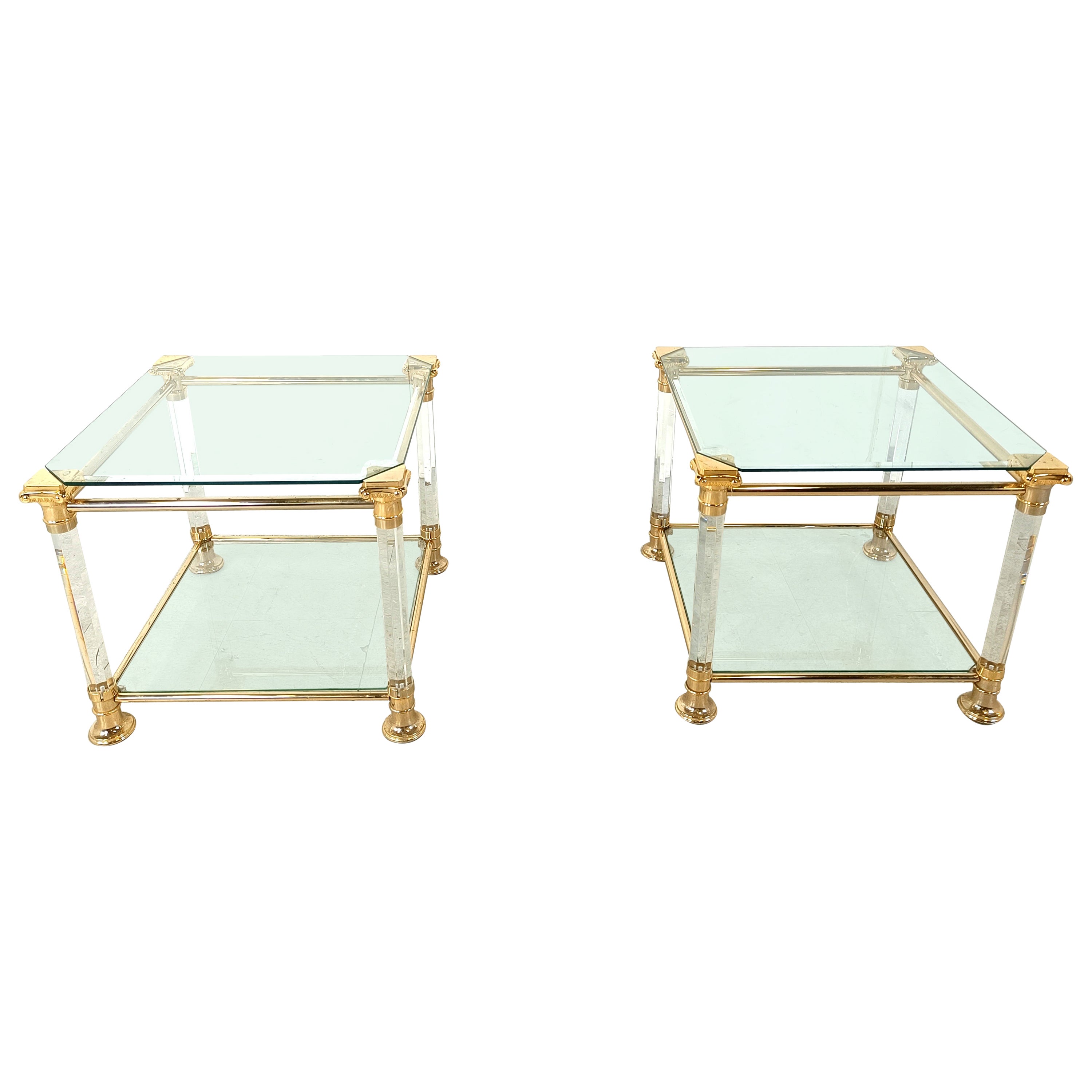 Vintage lucite and brass side tables, 1980s For Sale