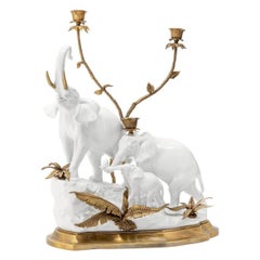 Antique Elephant Group White Candleholder