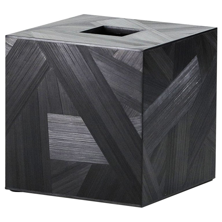 Straw Marquetry Forest Tissue Box Square in Ebony Colour by Alexander Lamont For Sale