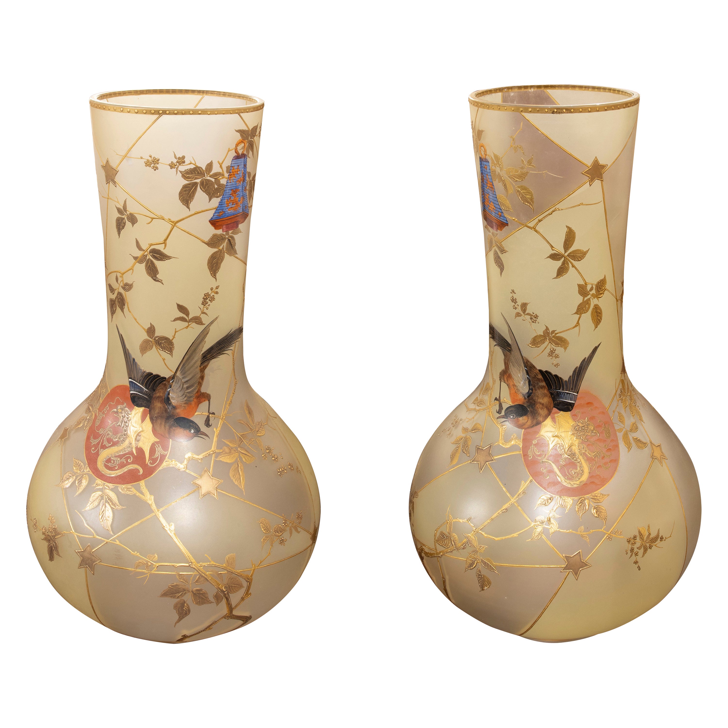 Pair of Hand-Painted Opaque Glass Vases with Birds Decoration  For Sale