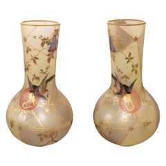 Retro Pair of Hand-Painted Opaque Glass Vases with Birds Decoration 
