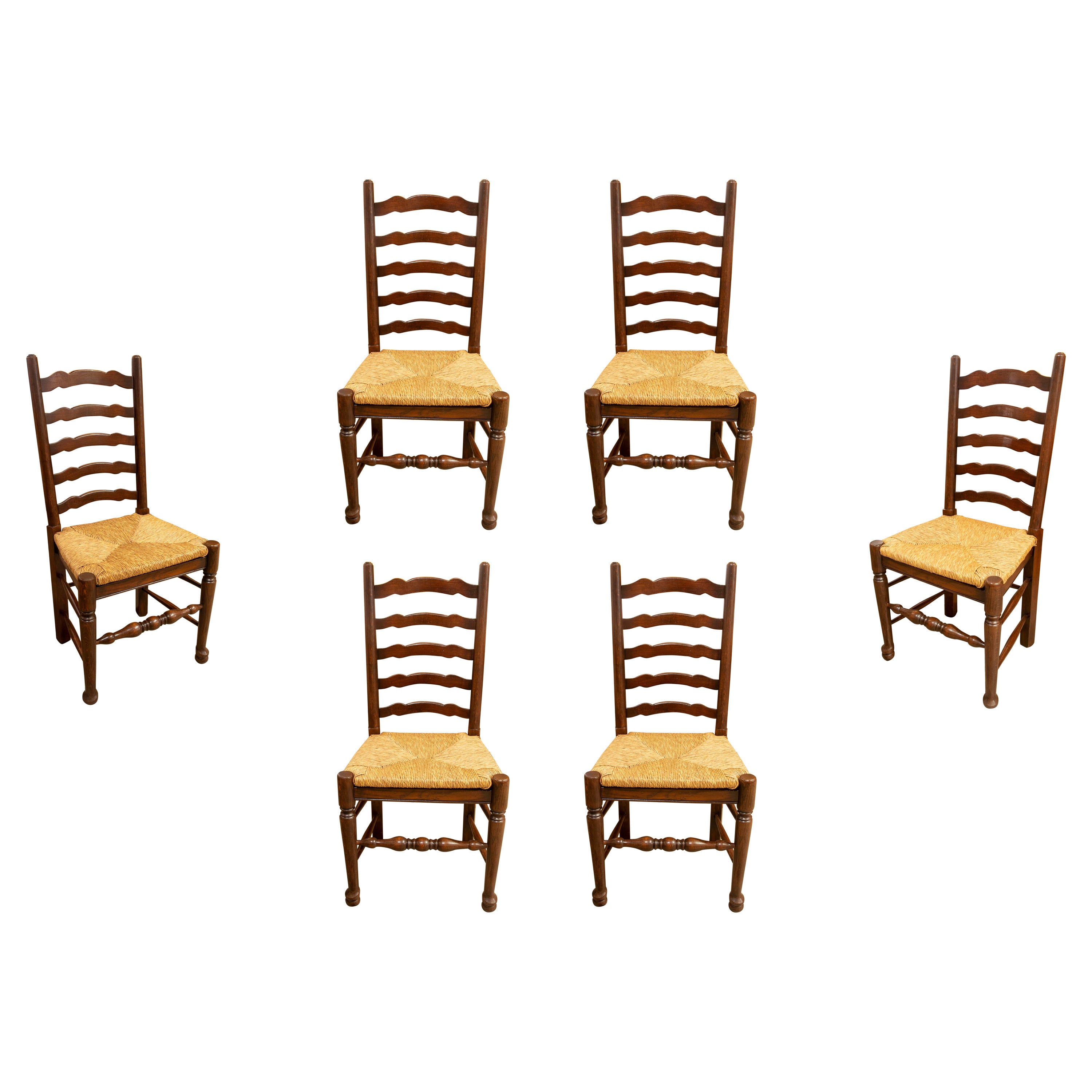 Spanish Set of Six Wooden Chairs with Bulrush Seats For Sale