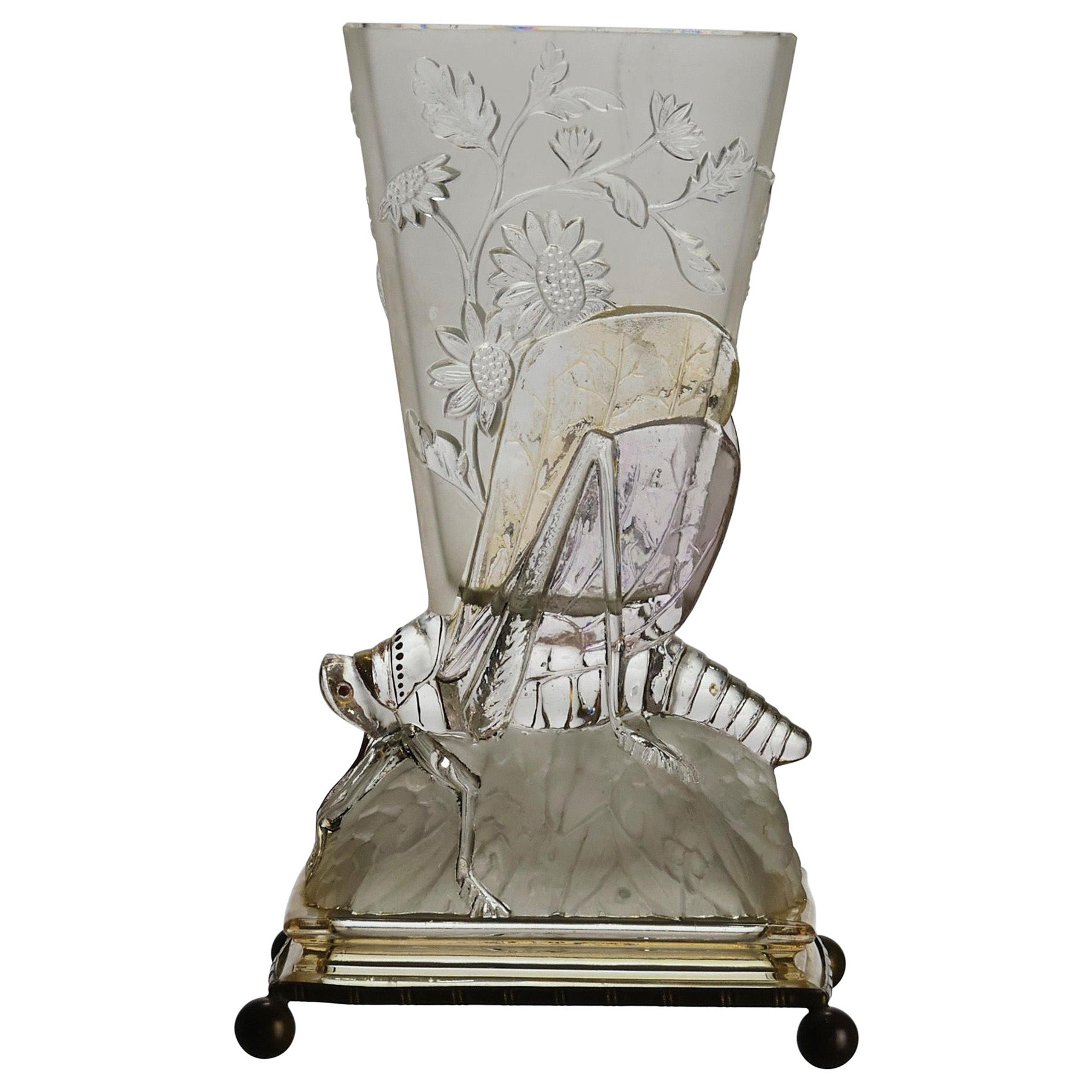 Early 20th Century Art Deco Frosted Glass "Grasshopper Vase" by Baccarat Glass For Sale
