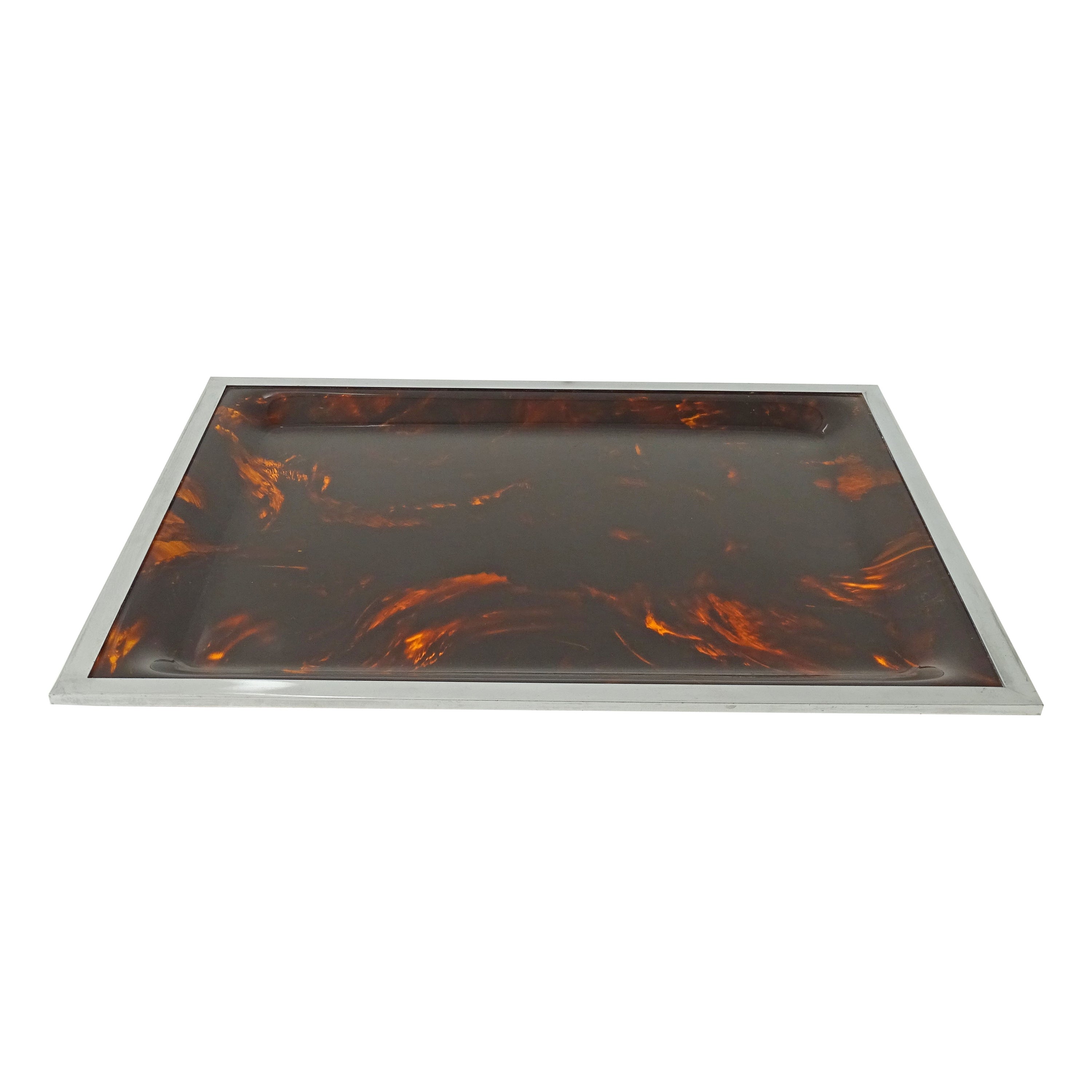 Faux Tortoise Lucite and Chrome Serving Tray, Italy 1970s For Sale