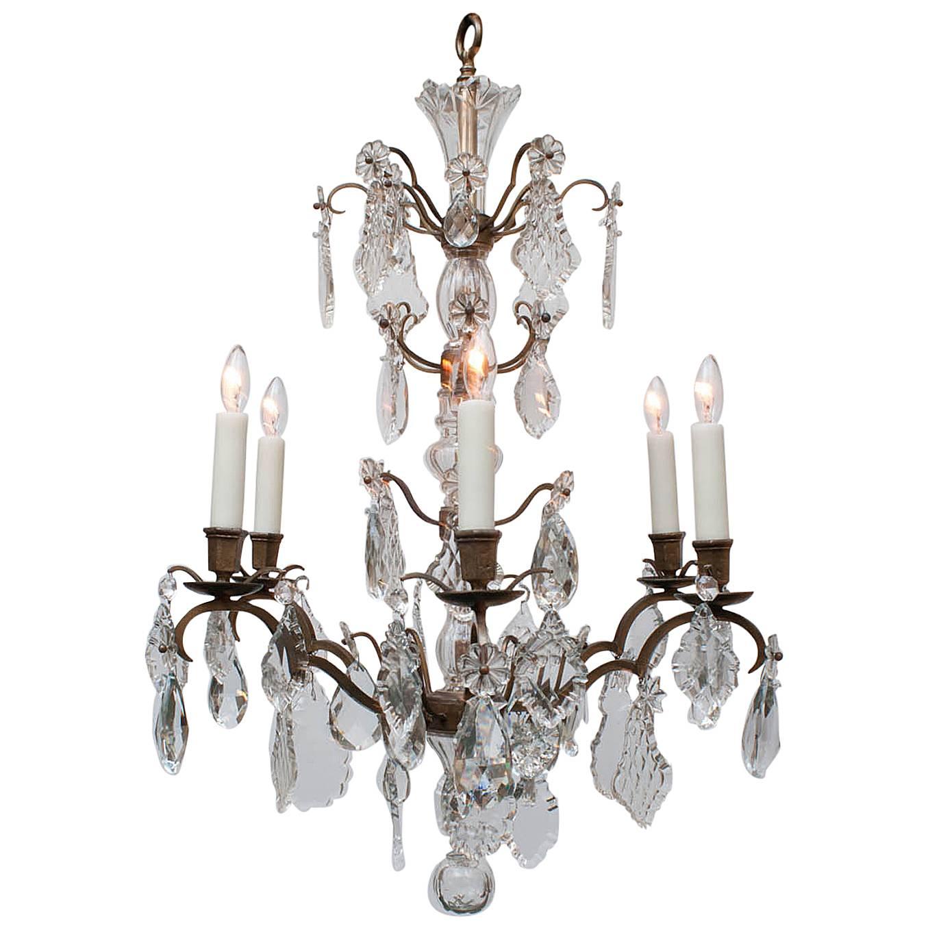 Louis XV Style Bronze and Crystal Six-Light Chandelier, France, circa 1920