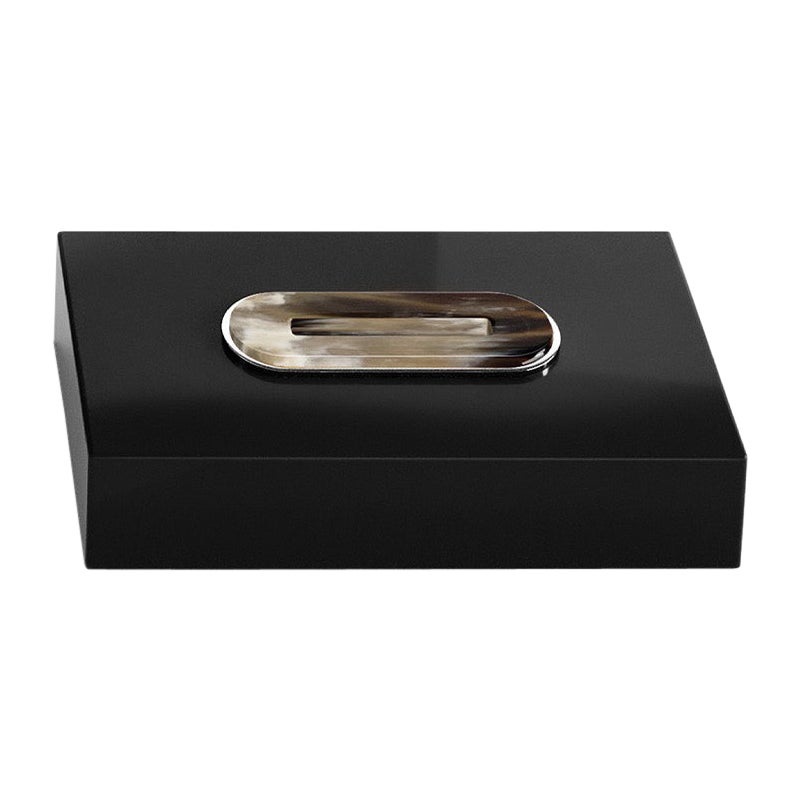 Veletta Tissue Box Holder in Black Lacquered Wood and Corno Italiano, Mod. 2430