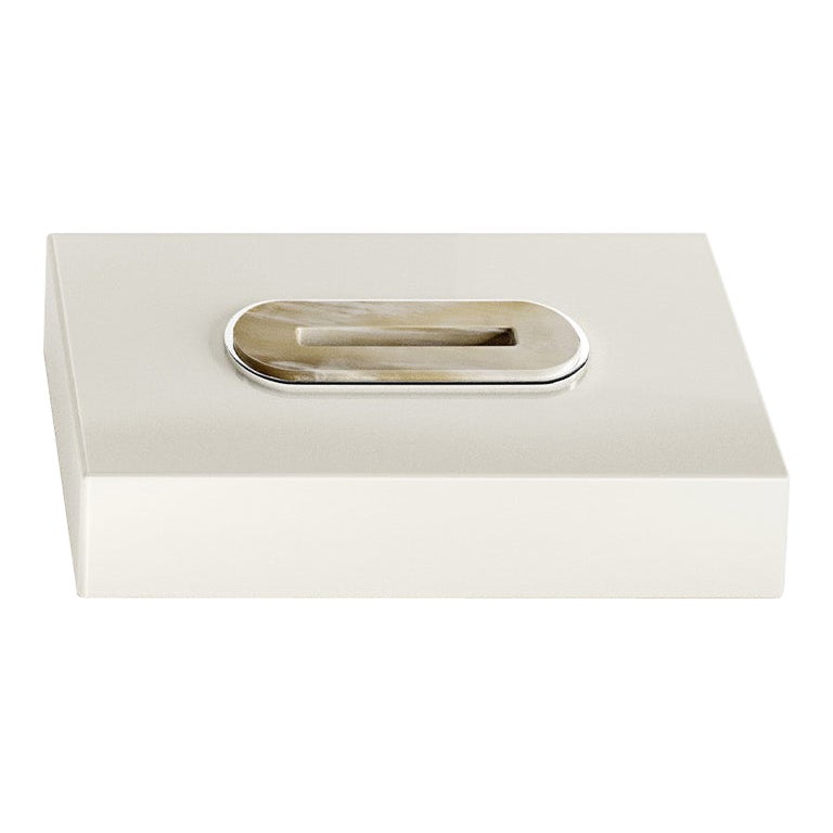 Veletta Tissue Box Holder in Ivory Lacquered Wood and Corno Italiano, Mod. 2429