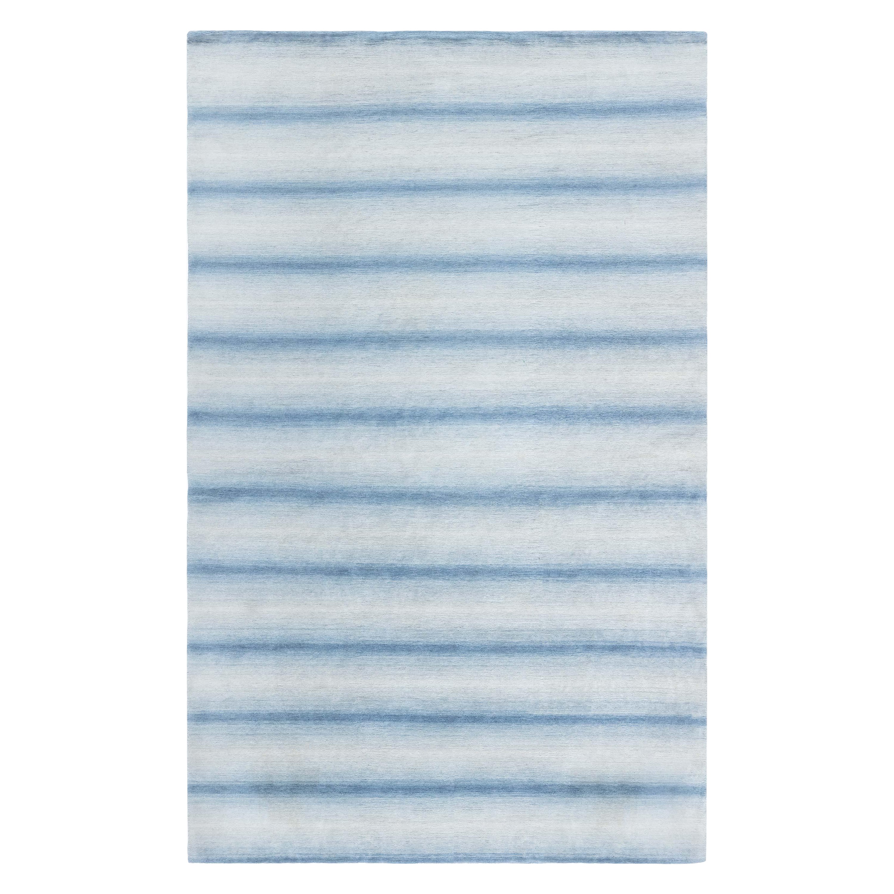 Contemporary Striped Blue Hand Knotted Wool Rug by Doris Leslie Blau For Sale
