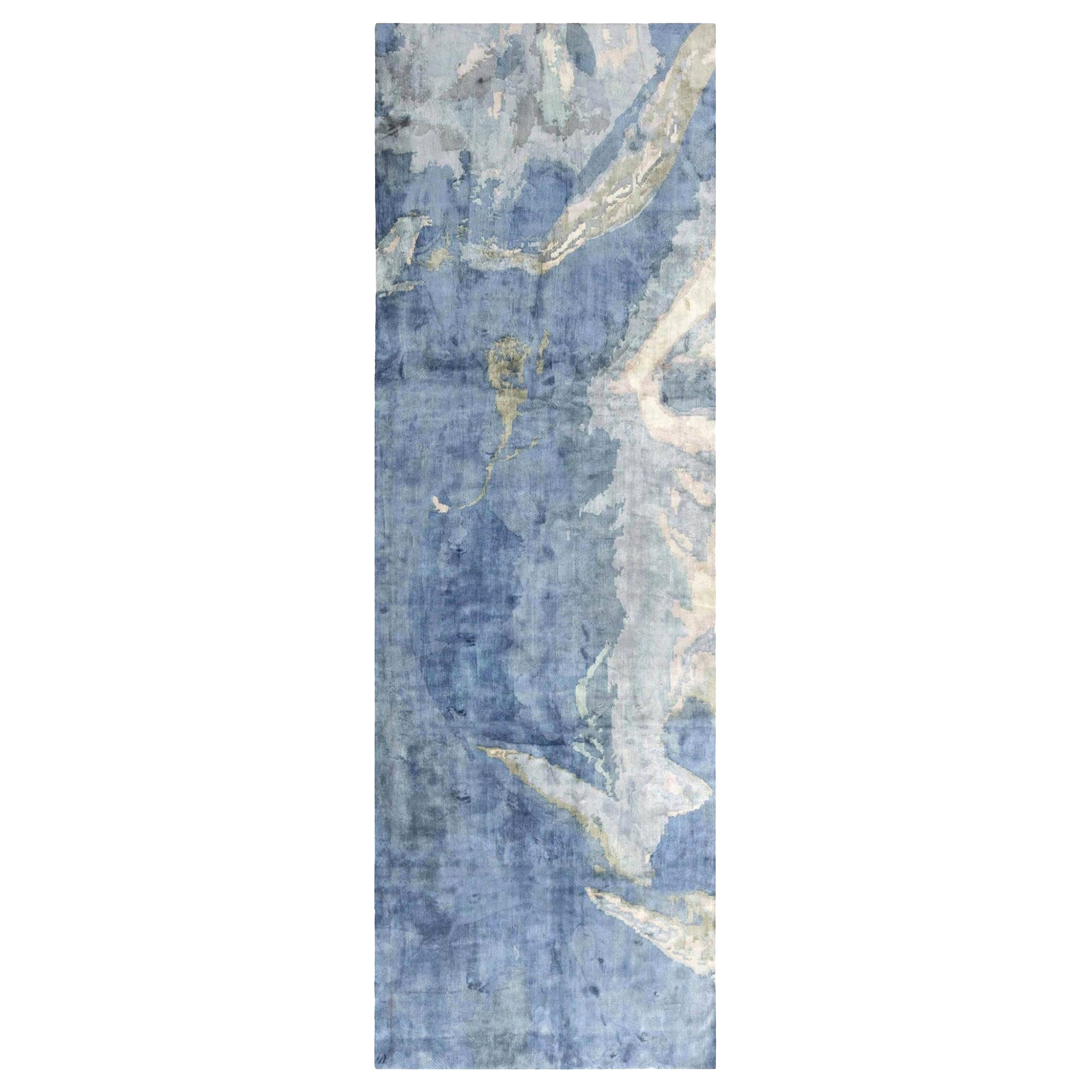 Modern Abstract Blue and Beige Handmade Silk Runner by Doris Leslie Blau For Sale