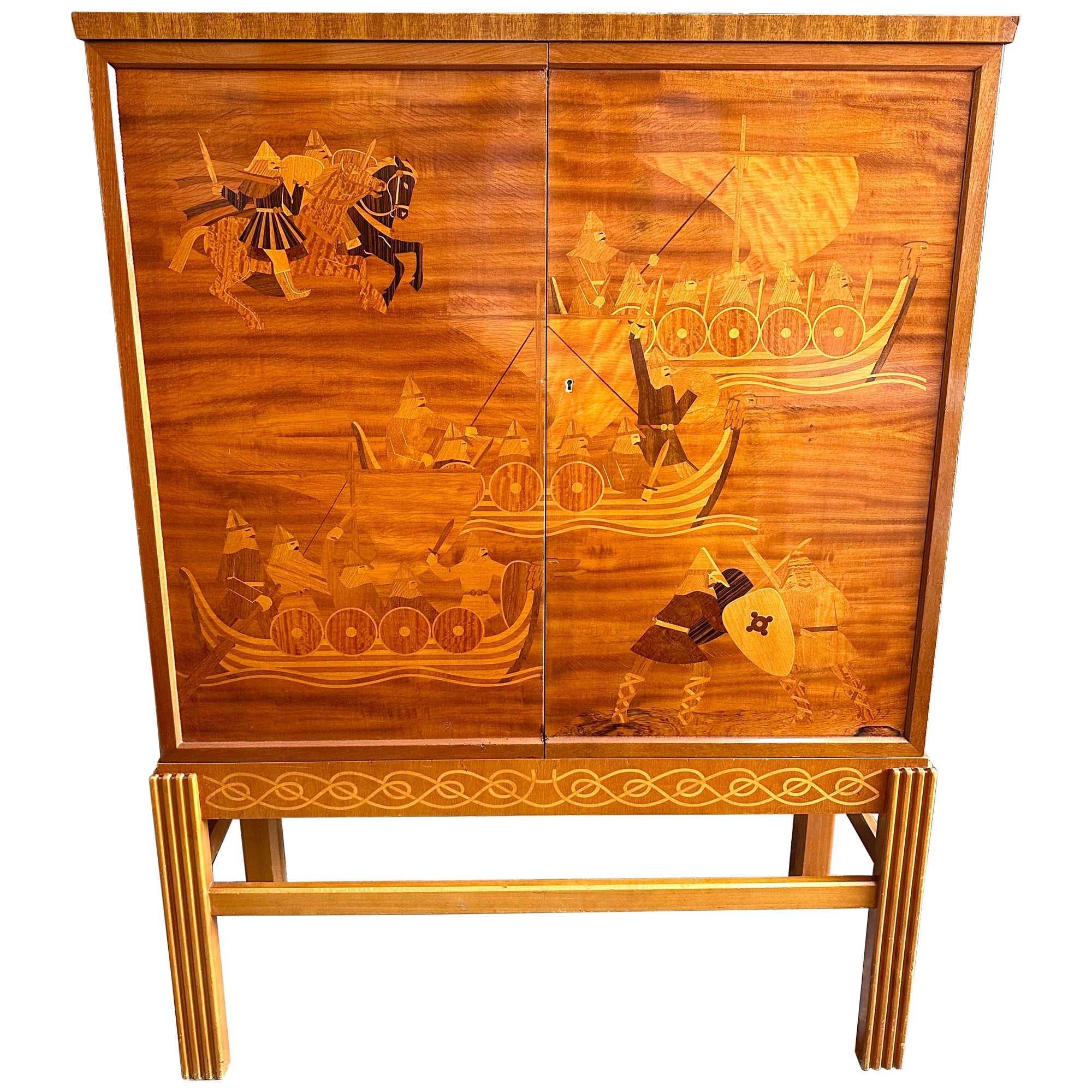 Erik Mattsson, Swedish Grace Intarsia Inlaid "Vikingar" Cabinet