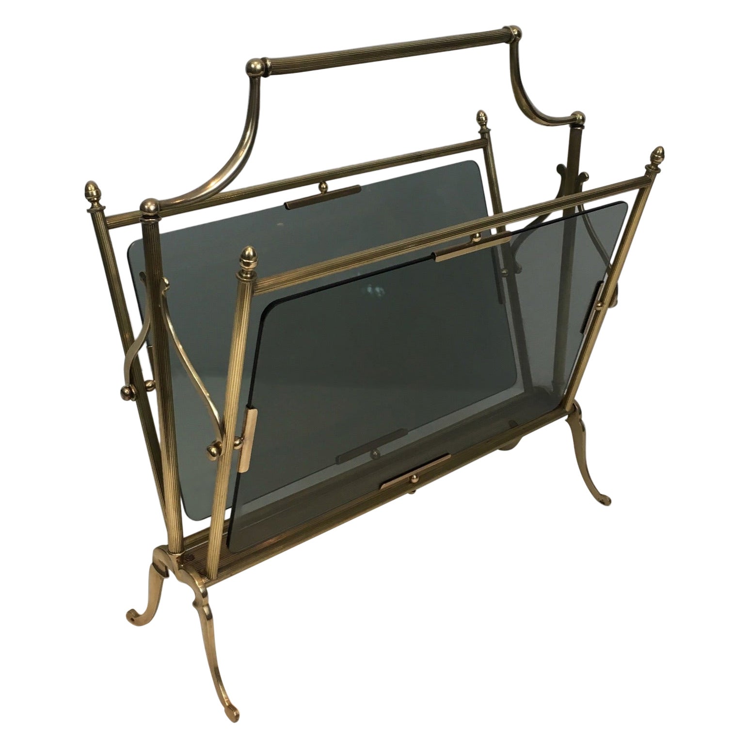 Brass and Blueish Glass Magazine Rack by Maison Jansen For Sale