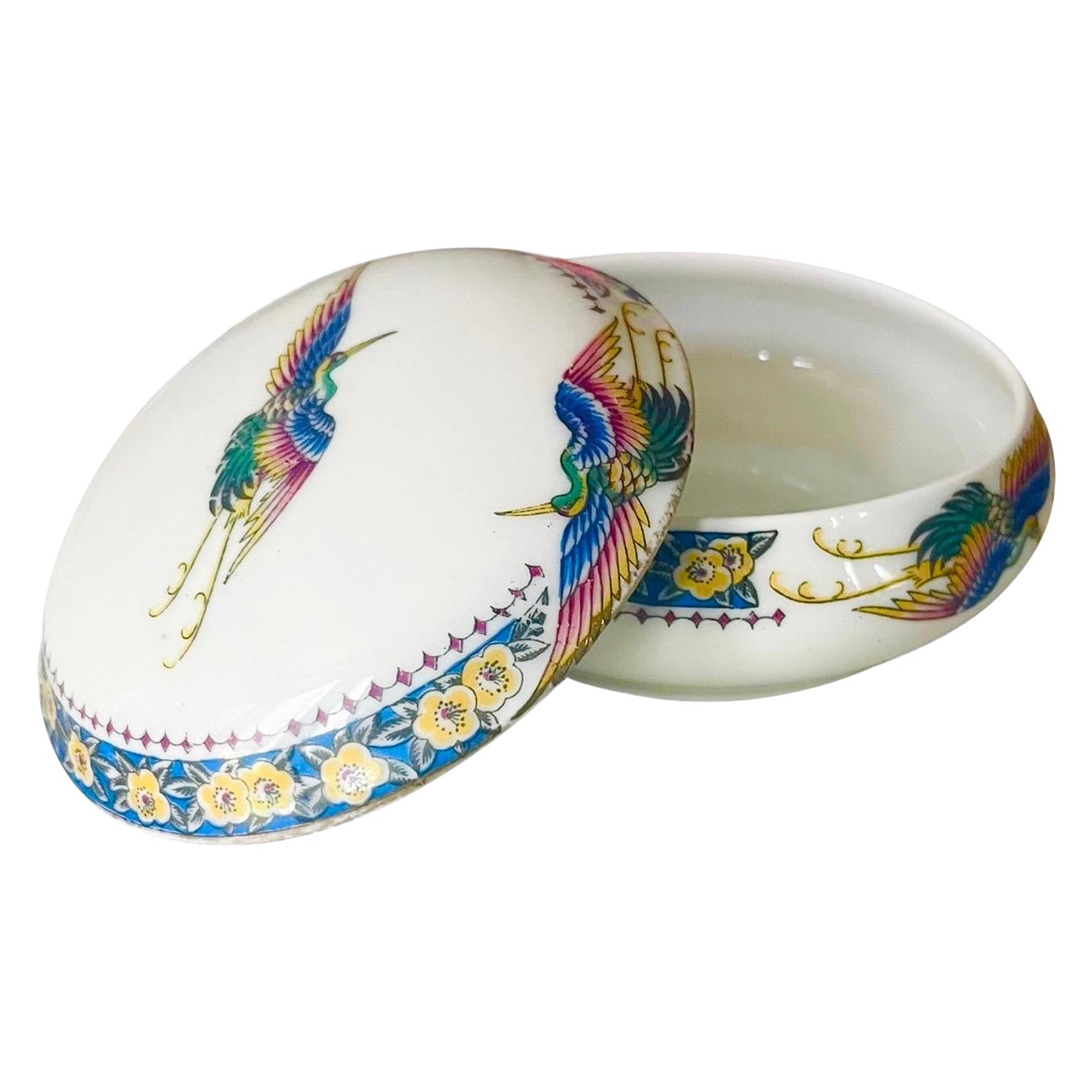 French Limoges porcelain candy box decorated with colorful peacocks - France For Sale