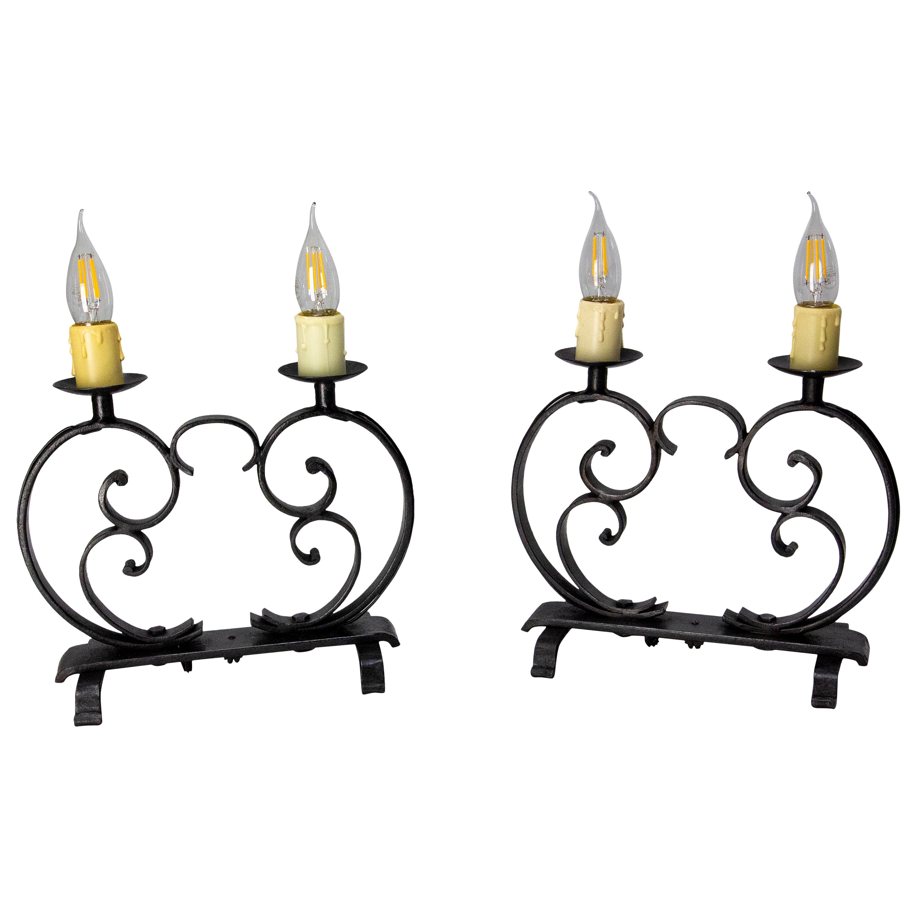 French Pair of Table Lamps Wrought Iron, Mid-Century
