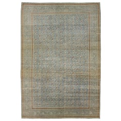 Vintage Handmade Wool Rug Persian Tabriz With Allover Motif In Blue 