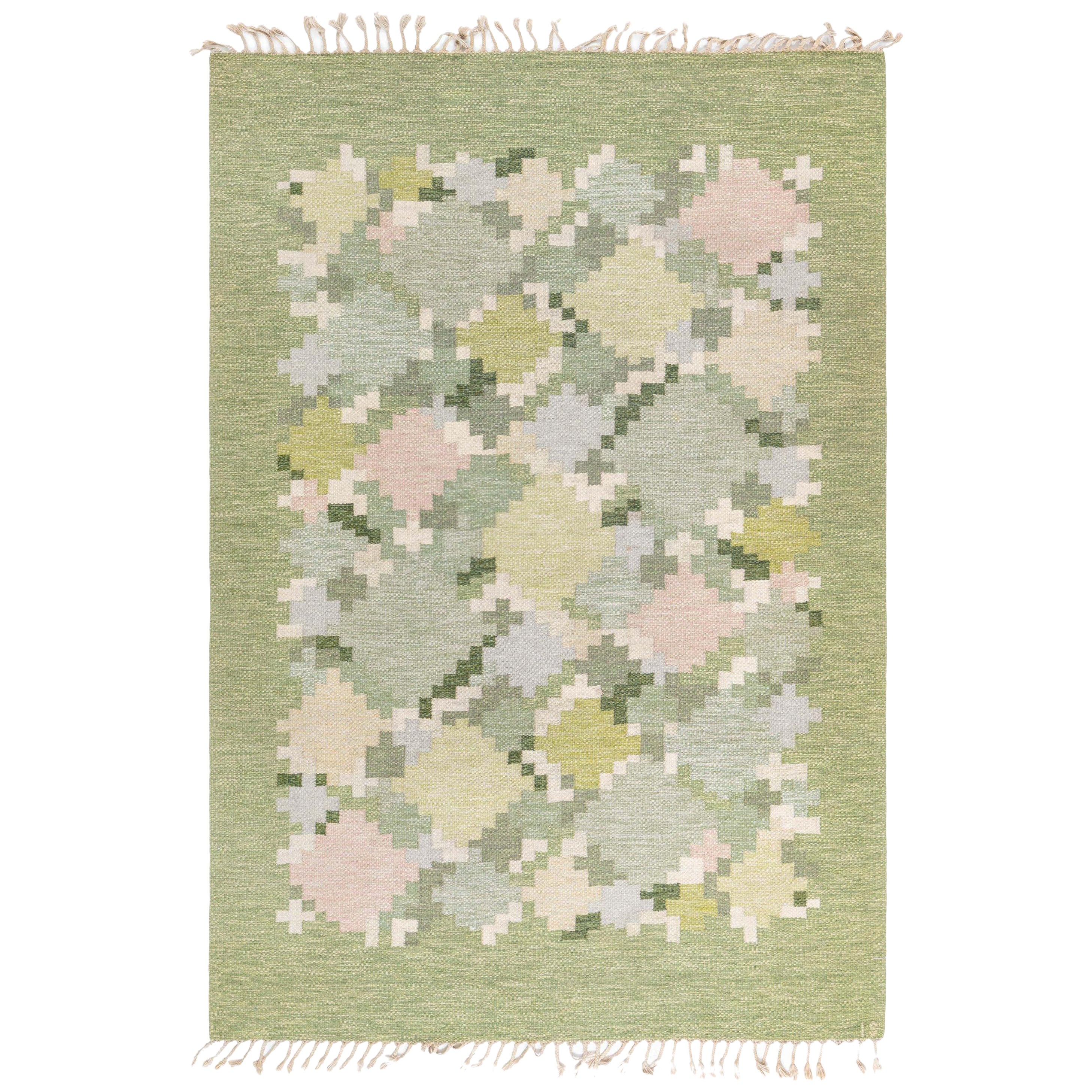 Mid-20th Century Swedish Pea Green Background Flat Weave Rug by Ingegerd Silow