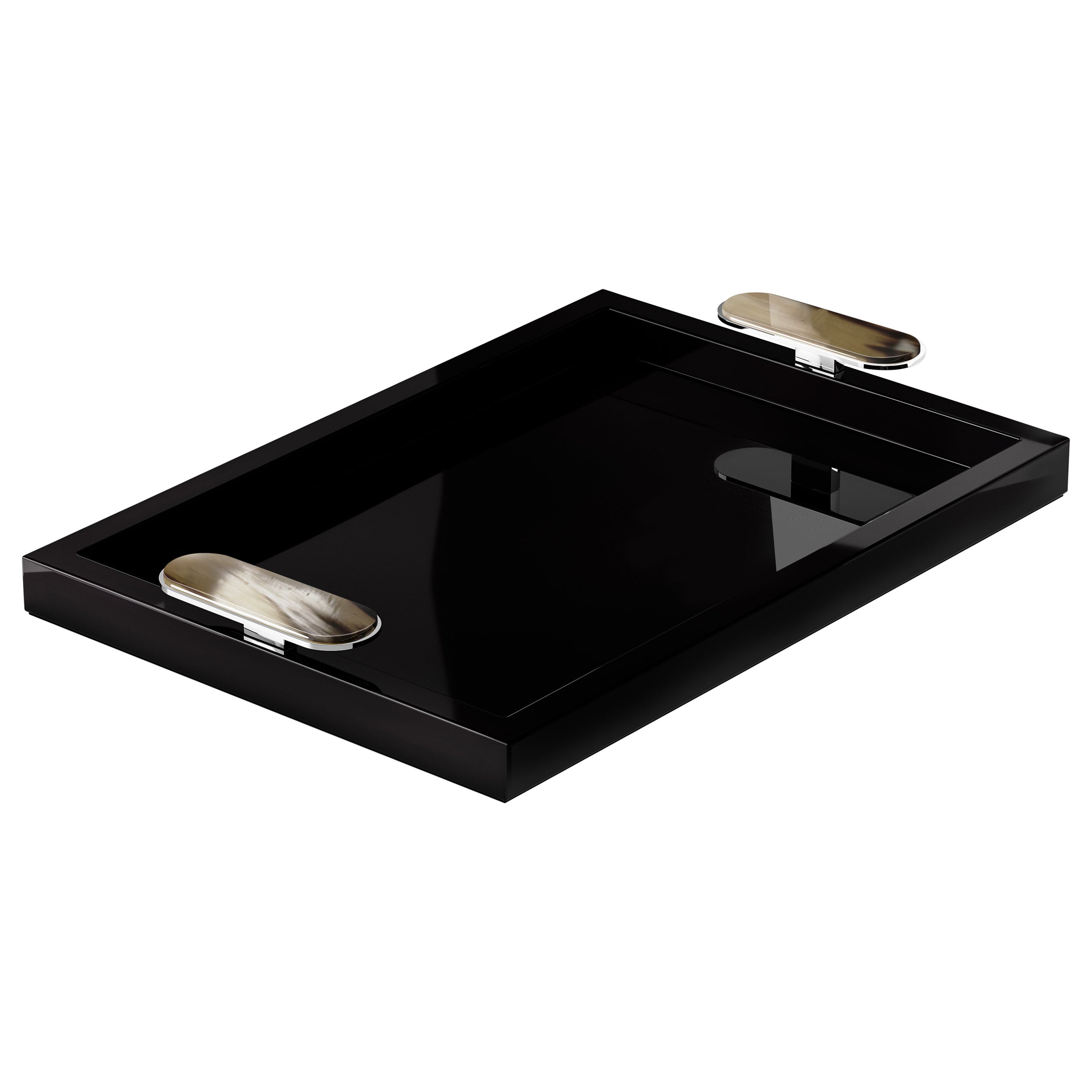 Berro Tray in Glossy Black Lacquered Wood and Corno Italiano, Mod. 2417 For Sale