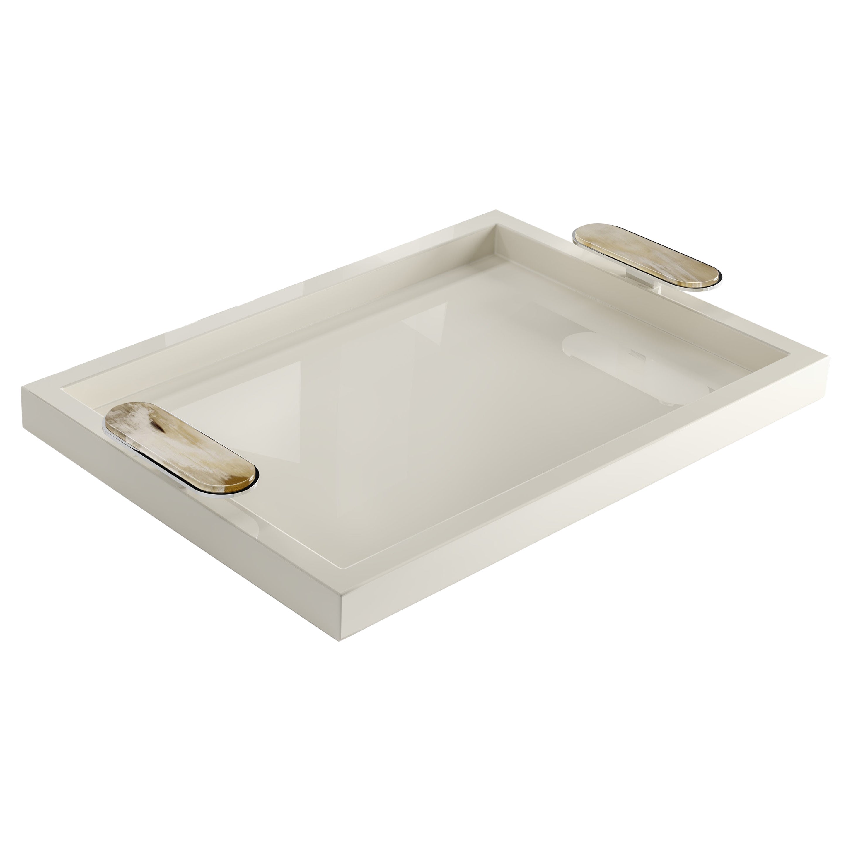 Berro Tray in Glossy Ivory Lacquered Wood and Corno Italiano, Mod. 2416 For Sale