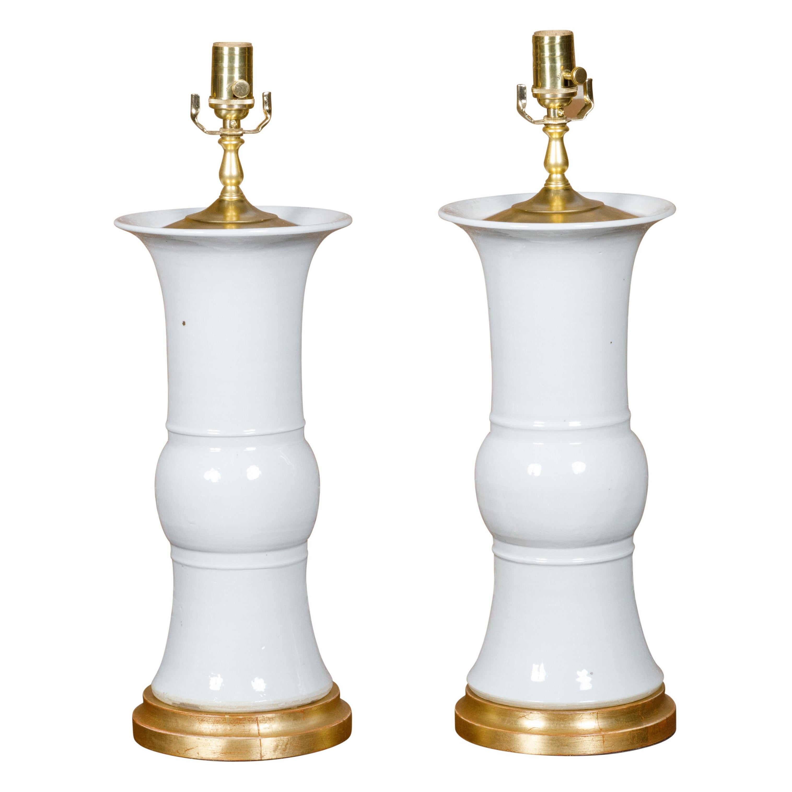 Pair of White Porcelain Table Lamps on Custom Giltwood Bases, Wired for the USA