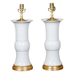 Pair of White Porcelain Table Lamps on Custom Giltwood Bases, Wired for the USA